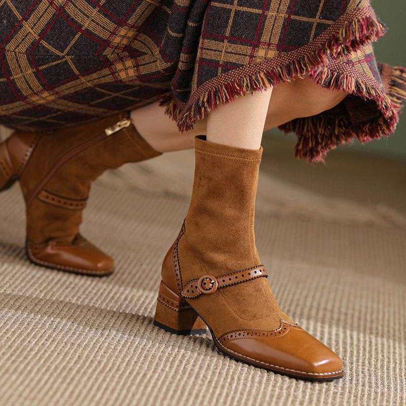 Fashion Genuine Leather Mary Jane Women Boots Fashion Retro Buckle Ankle Boots Square Toe Thick Heel Handmade Autumn Winter Shoes Woman