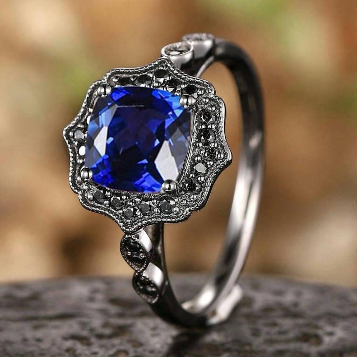 

Luxury 2025 New Ins European and American Retro Gun Black Ring, Fashionable Inlaid Blue Zircon Jewelry for Women No. 11