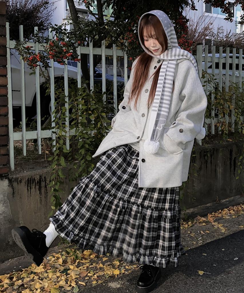Belloel Winter Shirring Long Skirt Check Black