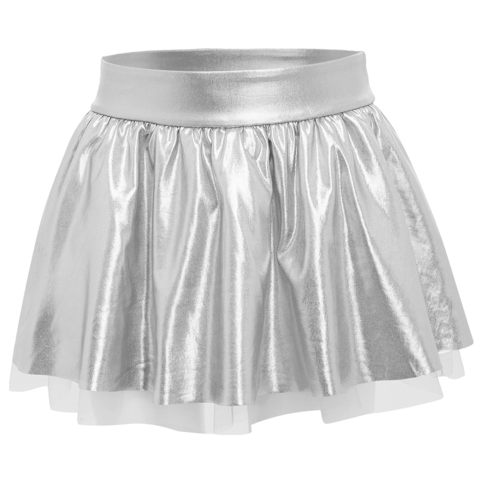 

Girls Dance Tutu Skirt Metallic Elastic Waistband Shiny Costume Performance Competition 5-6 Years срібний