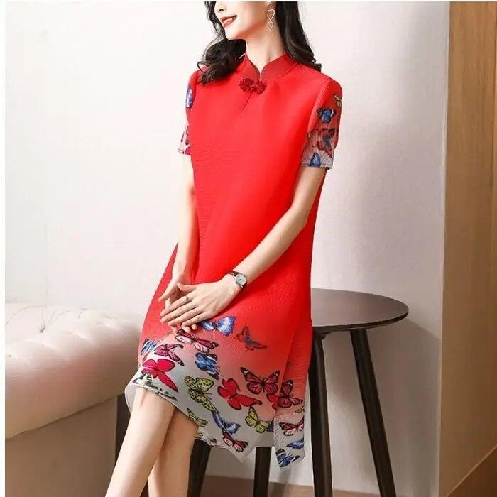 

Платье в китайском стиле женское, тонкая юбка средней длины, летнее платье со складками с принтом, красное повседневное женское платье с короткими рукавами и круглым вырезом XXXL красный