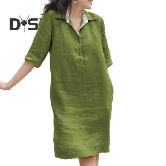 Women Dress Loose Three Quarter Sleeves Solid Color Lapel Knee Length Soft A Line Casual Spring Summer Midi Dress