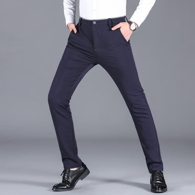 Pants Men's Spring and Autumn New Men's Breathable Small Straight Casual Pants Versatile Business Blue Solid Color Elastic Pants