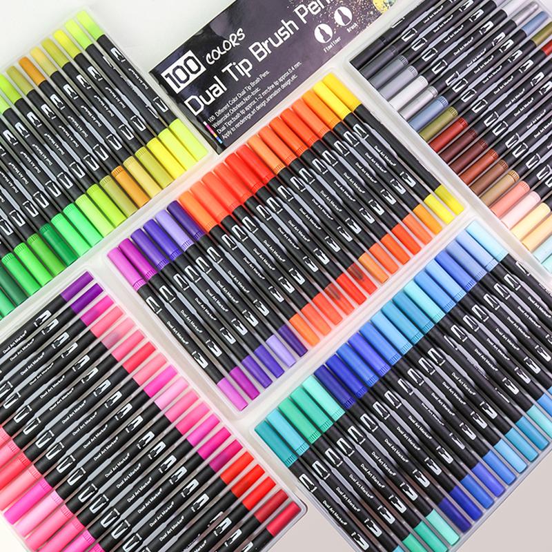 100 Colors Dual Tip Brush Art Markers Pens Fine Tip and Brush Watercolor Pens For Drawing Painting Calligraphy Art Supplies