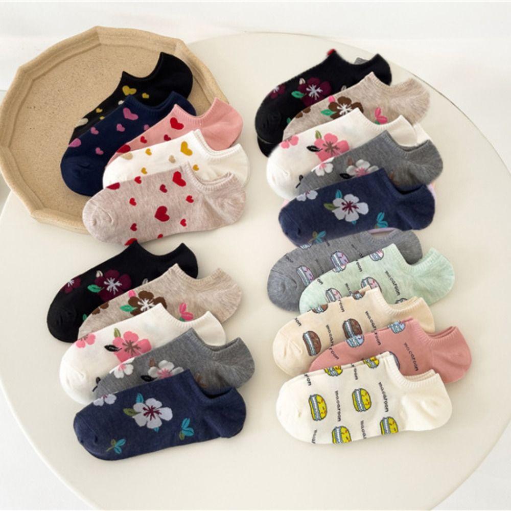 5 Perechi Șosete Glezniere Bărci cu Flori de Bumbac Inimă Șosete de Dama Șosete Scurte Moi Iubire Doamnă