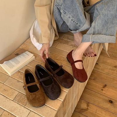 Zapatos Mary Jane de gamuza retro para finales de la tarde niños otoño e invierno nuevos rojos ballet boca ligera planos suaves zapatos individuales mujeres