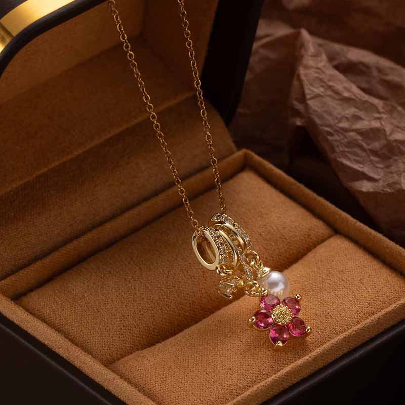 Stainless Steel Colorful Flower Zircon Pearl Pendant Necklace For Women Simple Elegant Korean Jewelry Wholesale