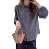 Women's Blue Plaid Cotton Linen Long Sleeve Shirt Jacket - Spring Collection
