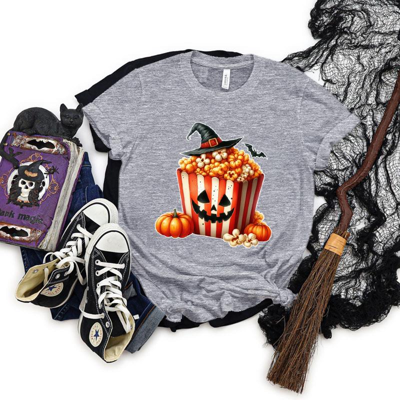 Halloween Popcorn Graphic Short Sleeve Tshirt Women Pumpkin Witch Hats Graphic Classic Tops Horror Popcorn Halloween Tshirts S