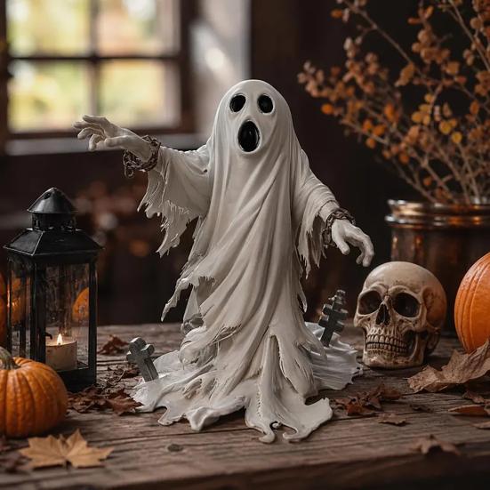Halloween Ghost Figurine, Spooky Scream Face Ghost Resin Statue for Indoor Shelf, Tabletop Centerpiece, Home Office Decor