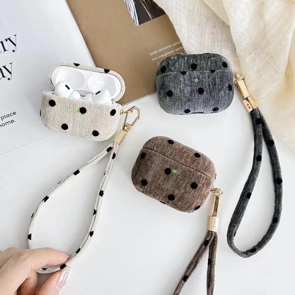 Flannel Polka Dots Earphone Case for Airpods Pro 2 (2022) & Airpods 4 3 2 1 Shockproof Protective Cover+Metal Buckle+Hand Strap