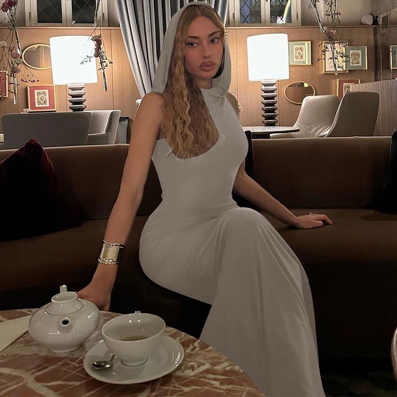 European & American Style 2023 Summer Women's Solid Color Hooded Sleeveless Slit Dress