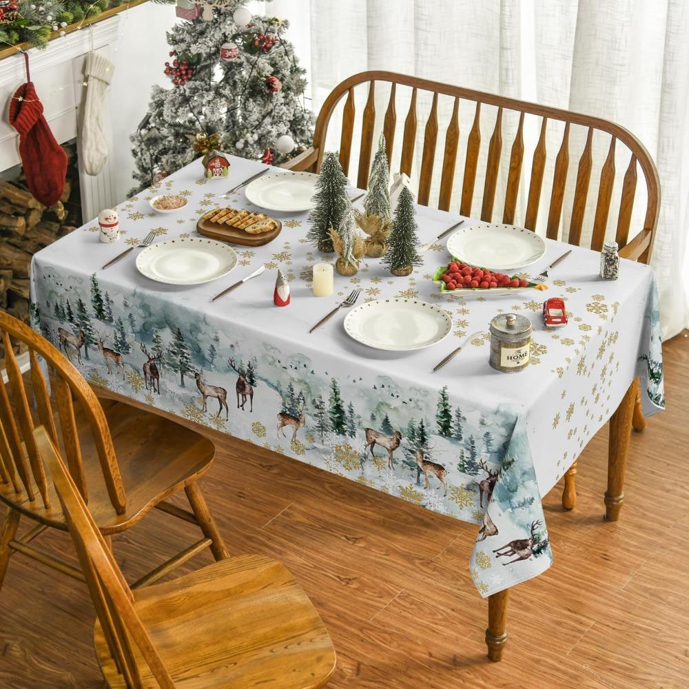 Christmas Polyester Tablecloth Snowman Print Lightweight Stain Resistant Dining Decor Long Table Cover