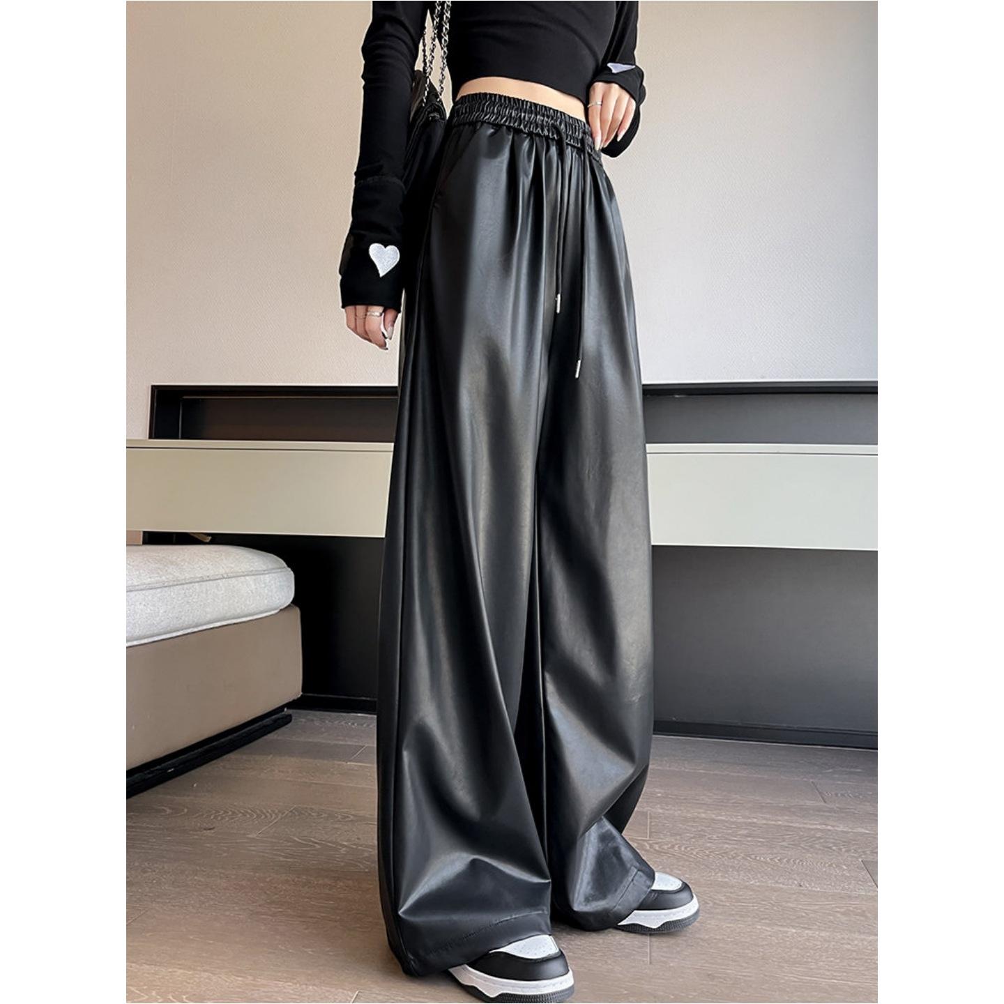 

Korean Style High Waist PU Leather Wide Leg Pants for Women - Spring/Autumn, Plus Size, Slimming, Floor Length, Casual Fit. M