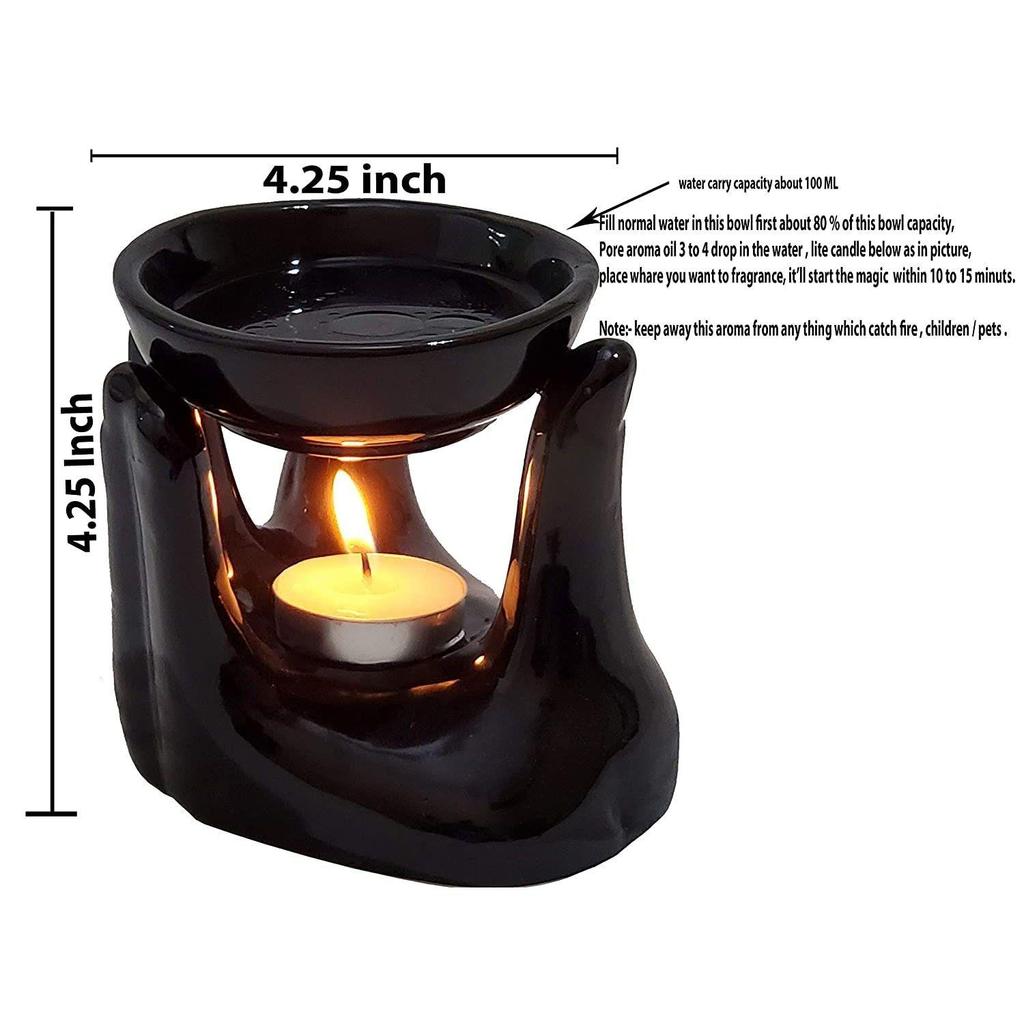 Ceramic Hand Type Aroma Diffuser Oil Burner with Lemon Grass Oil 10ml (Black)