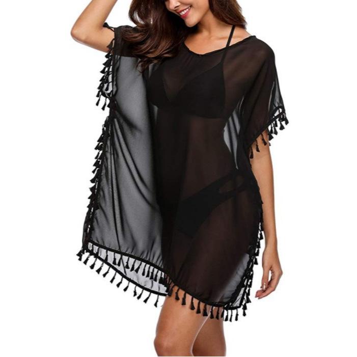 Women's Round-neck Loose Small Broom Fringed Chiffon Dress Beach Coverall Large Size Sexy in Stock