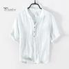 Men Summer Shirt V Neck Stand Collar Short Sleeves Vinatge Solid Color Loose Simple Style Mid Length Pullover Office Daily Wear Top