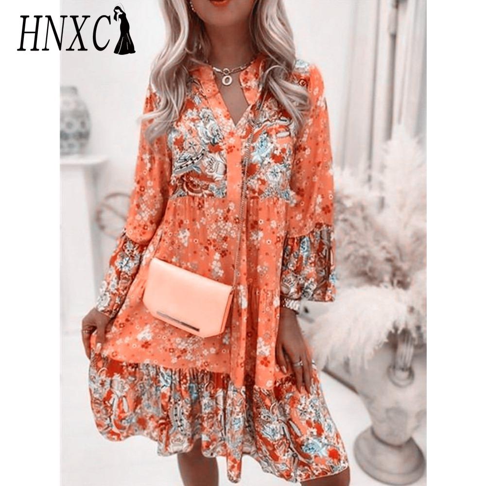 HNXC Dámská móda Bohémské květinové minišaty s výstřihem do V Ležérní volné elegantní dámské šaty na plážovou párty s rozšířenými rukávy