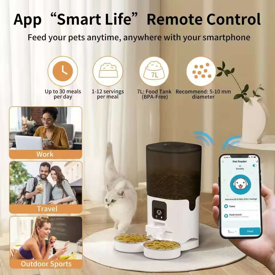 

cat double bowl smart automatic feeder cat food dog food pet food dispenser 7L large capacity connect wifi timer dosing