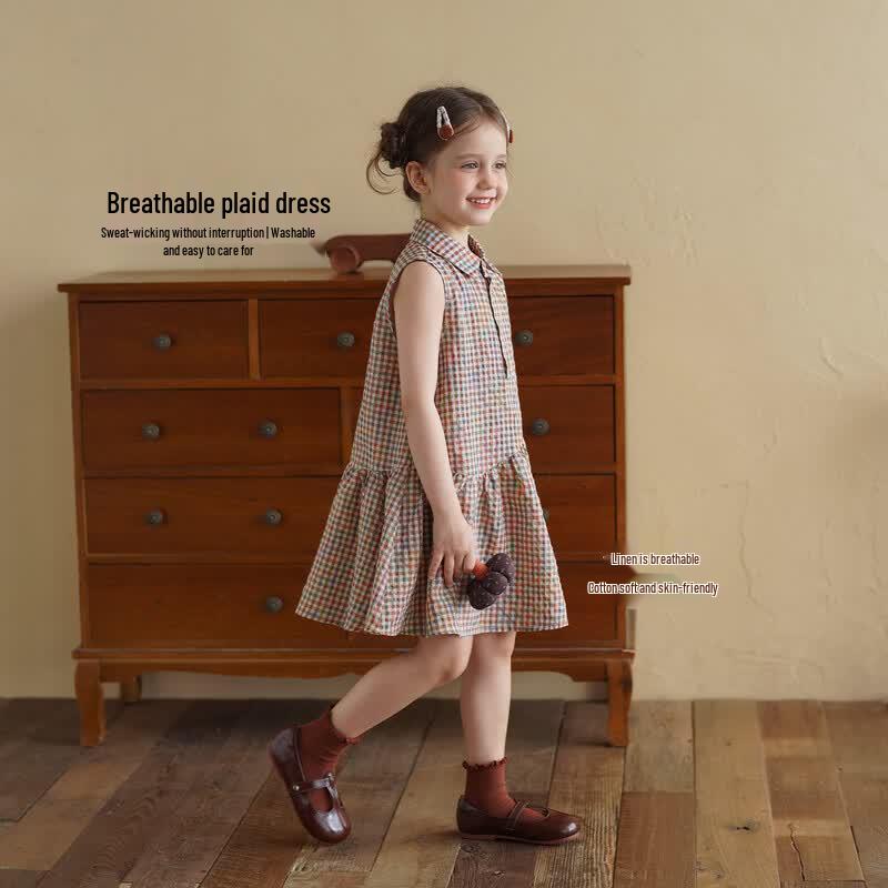 Girl's Summer Linen Plaid Sleeveless Dress