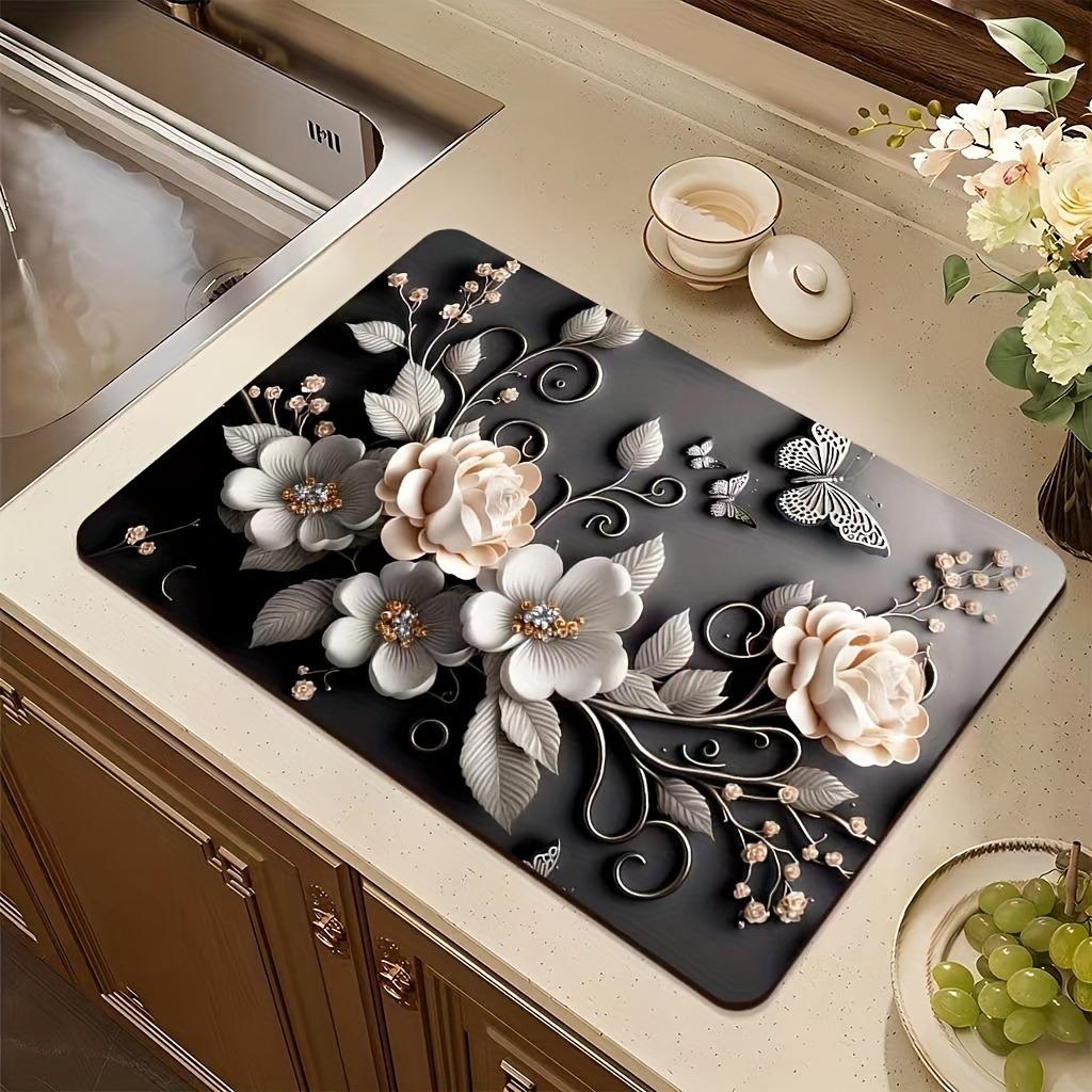 3D Розовый Цветок Коврики для Сушки Посуды Супер Впитывающий Коврик из Диатомовой Грязи Домашний Декор для Кофейного Столика Коврик Кухонный Нескользящий Коврик для Стекания Посуды 20x30Diatomud