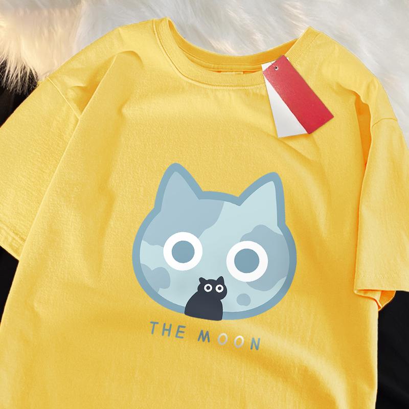 The Moon Blue Cat Fun Japanese Style Men Women T-Shirts Cotton Oversized Short Sleeve Shirt Loose T-Shirt Breathable Tops