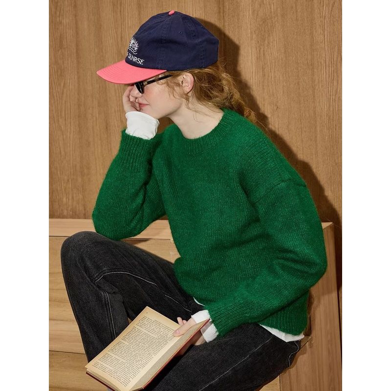 Coolhut Christmas Green Soft Retro Solid Color Basic Round Neck Loose Knit Lazy Style Winter Women's Sweater