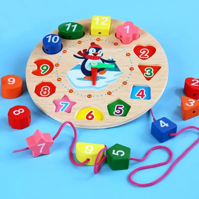 Wooden Blocks Puzzle Shape Number Color Sorting Clock Montessori Toys for Kids Early Education Penguin Patterns Time Learning