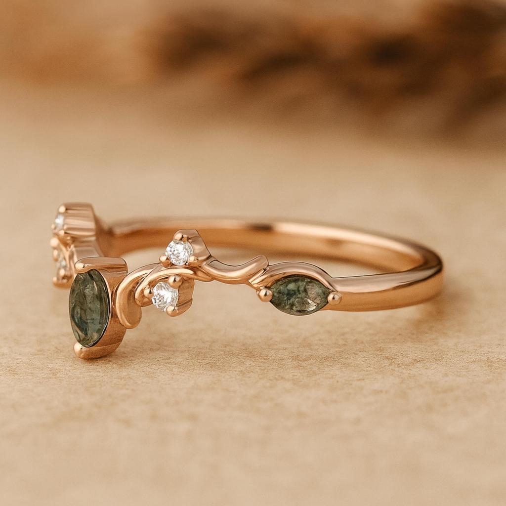 Marquise Moosachat Chevron Ring – CZ-Akzentuiertes Roségoldplattiertes 925 Sterlingsilberband – Einzigartiger grüner Edelstein Verlobungsring