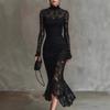 New European and American Cross-border Slimming Lace Dress for Women, Fleece-lined Thickened Mid-length Mermaid Dress