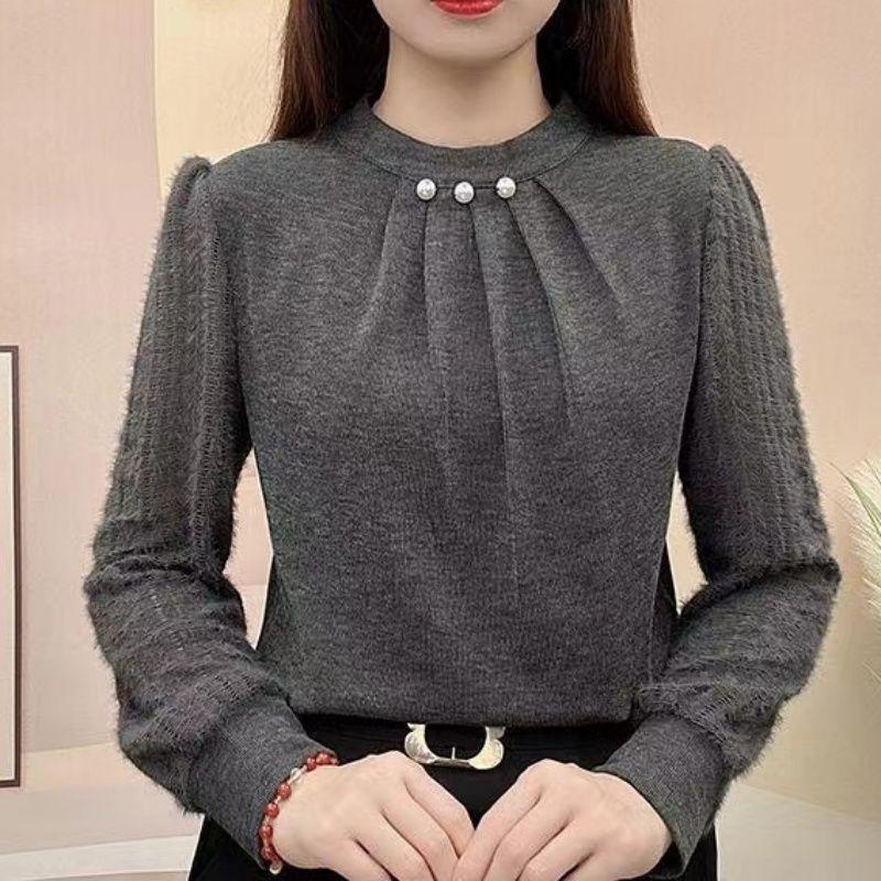 

Осенне-зимняя толстая рубашка с подкладкой и узором Sense, женская рубашка с закрытым животом в иностранном стиле, трикотажная рубашка с длинными рукавами 3XL