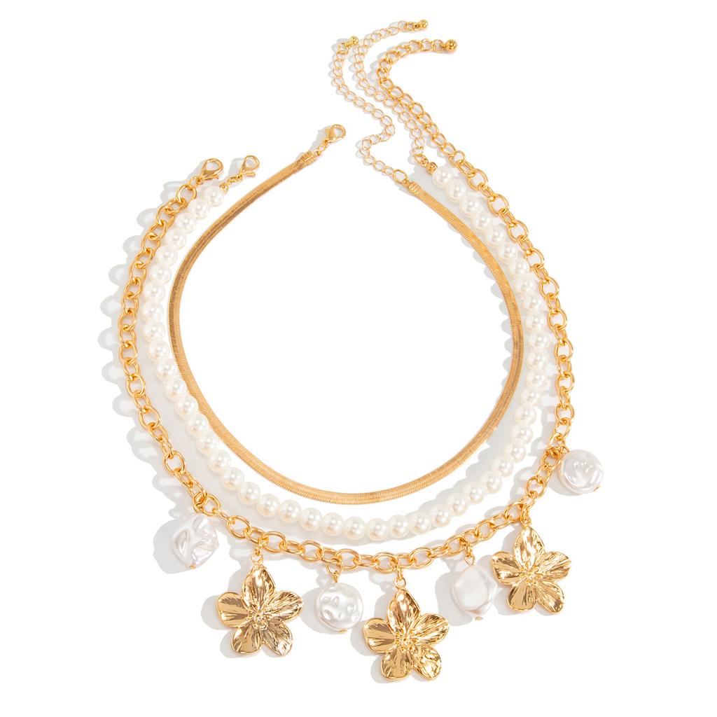 Multilayer Imitation Pearl Snake Chain Choker Flower Pendant Necklace for Women Accessories