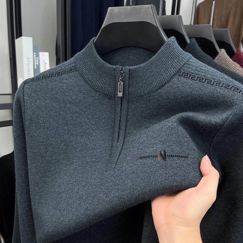 Men's Autumn/Winter Embroidered Knit Sweater: Zipper Stand Collar, Middle-aged Style, Fashionable & Thick, Versatile Warmth