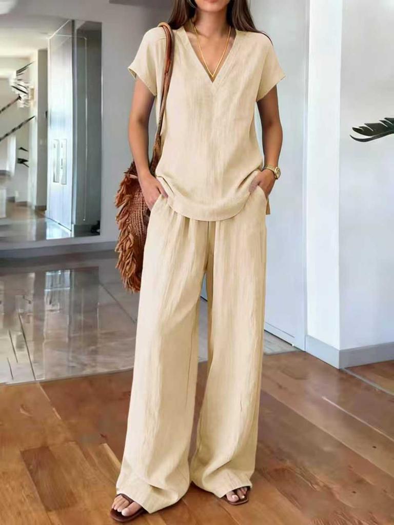 Women's V-Neck Short Sleeve Top and Wide Leg Pants Set in Light Green