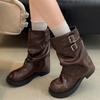Fashion Retro Style Women Half Boots 2025 Autumn Fashion Ladies Slip On Knight Boots Outside Comfortable Mid Heel Punk Women Boots