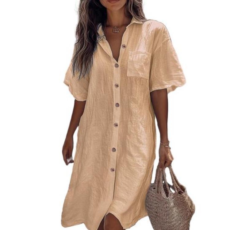 Casual Commuter Style Women Shirt Lapel Short Sleeve Loose Fit Solid Color Buttons Placket Work Shirt