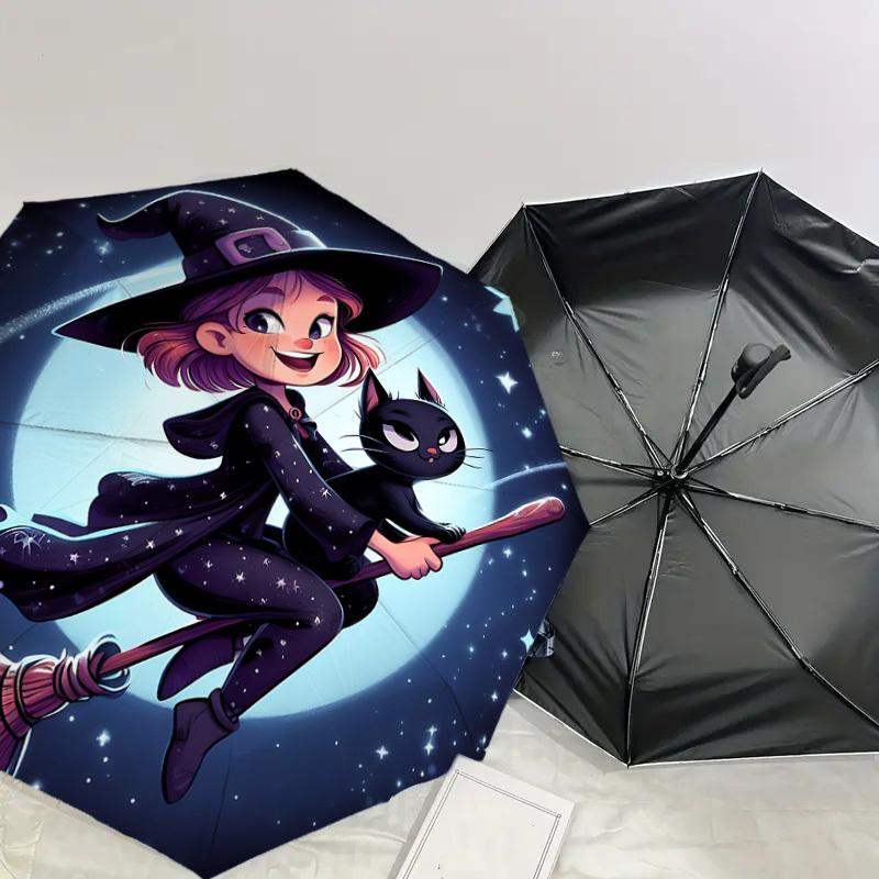 1PC Witch broomstickAutomatic Open/Close Umbrella with Windproof, 8-Rib Sturdy Canopy, Durable Ribs, Fashionable Design, Outdoor Accessory, Fun Prin,