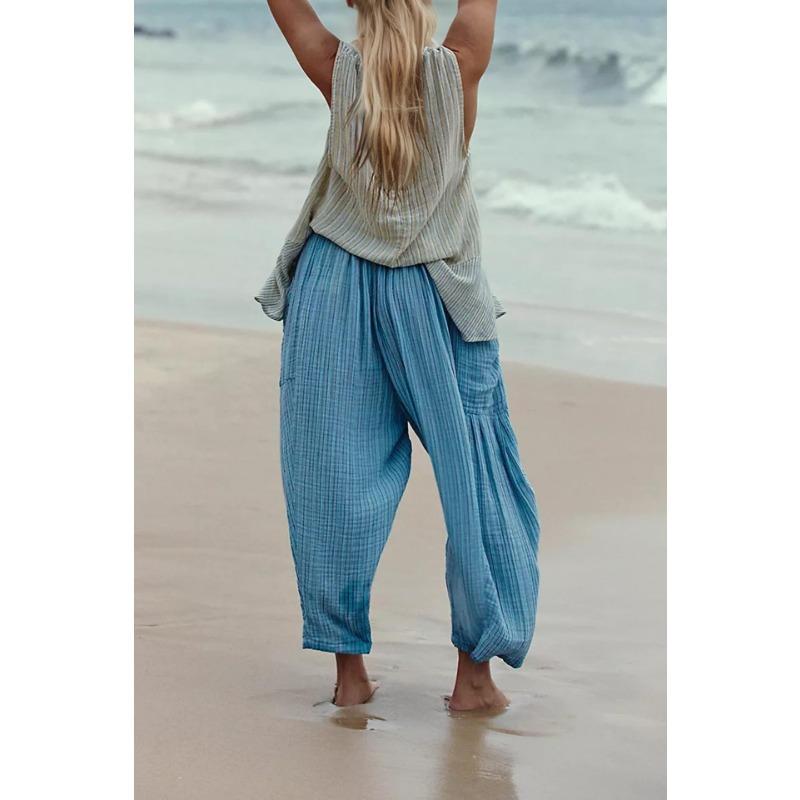 Gestreifte Straight-Leg-Hose für Frühling und Herbst, Neun-Zoll-Plisseehose mit Stretchbund, Atmungsaktive Freizeithose für Damen