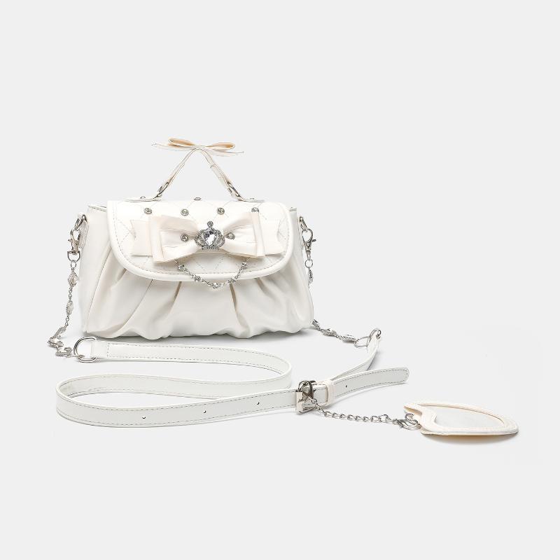 Elegant Pink Bow Rhinestone Underarm Bag Sweet Lolita Pleated Shoulder Bag Portable Bow Handle Handbag Cute Ita Purse