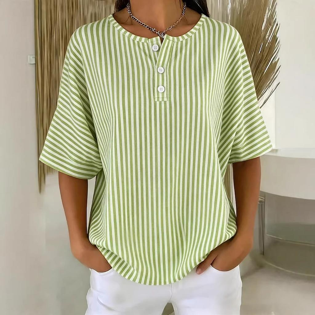 Blusa a righe a maniche corte con scollo rotondo e bottoni sul davanti, top casual ampio per l'uso quotidiano