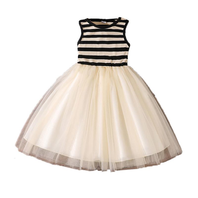 Girls' Fashion Dress 2025 Summer Kids' Black and White Striped Patchwork Mesh Sleeveless Princess Dress