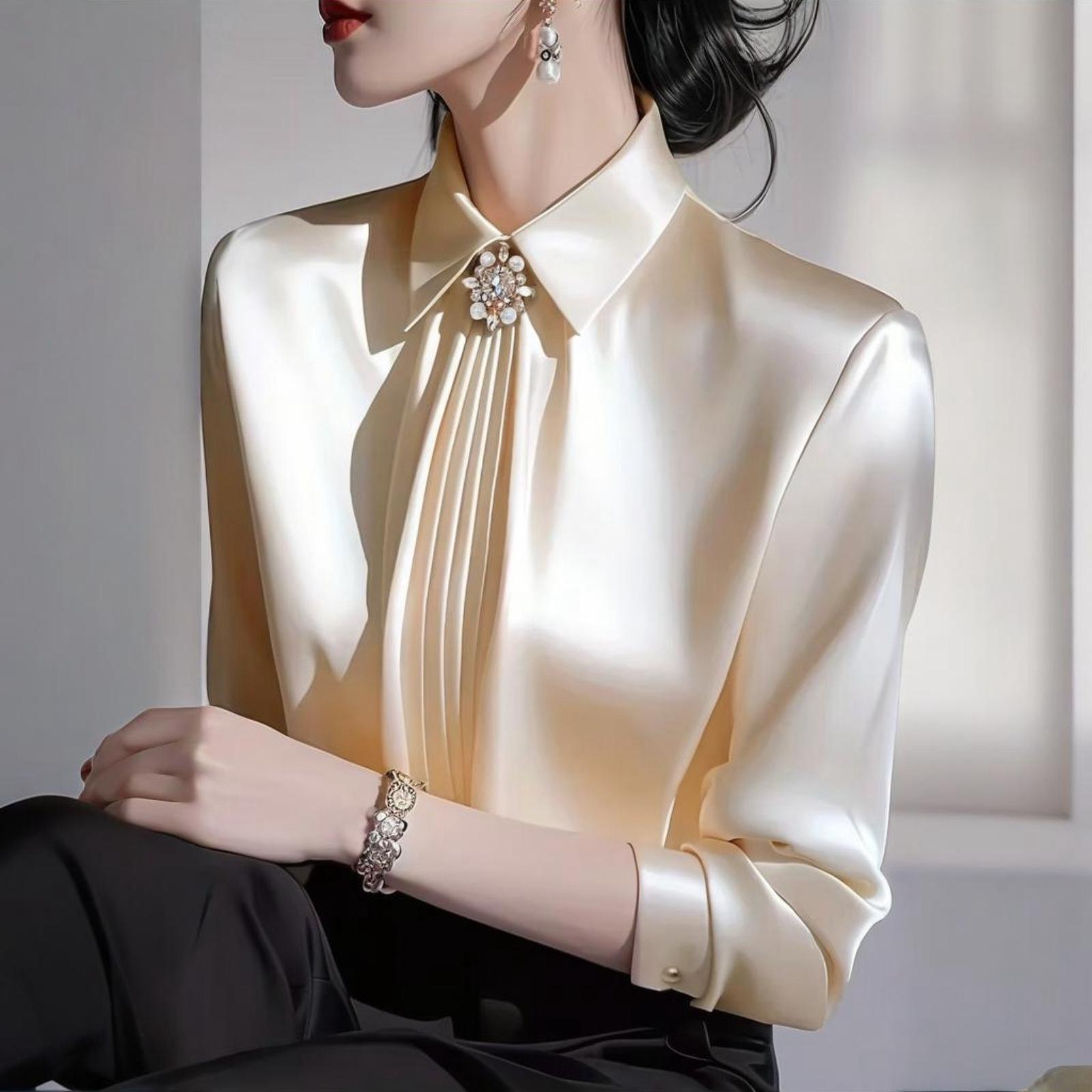 

Women s Elegant Long-Sleeve Satin Blouse With Bowknot M