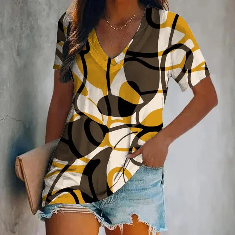 New Summer Women Vintage T-shirt Leopard Print V-Neck Tops Tees Female Fashion Short Sleeve Clothing Ladies Daily Casual Outfit