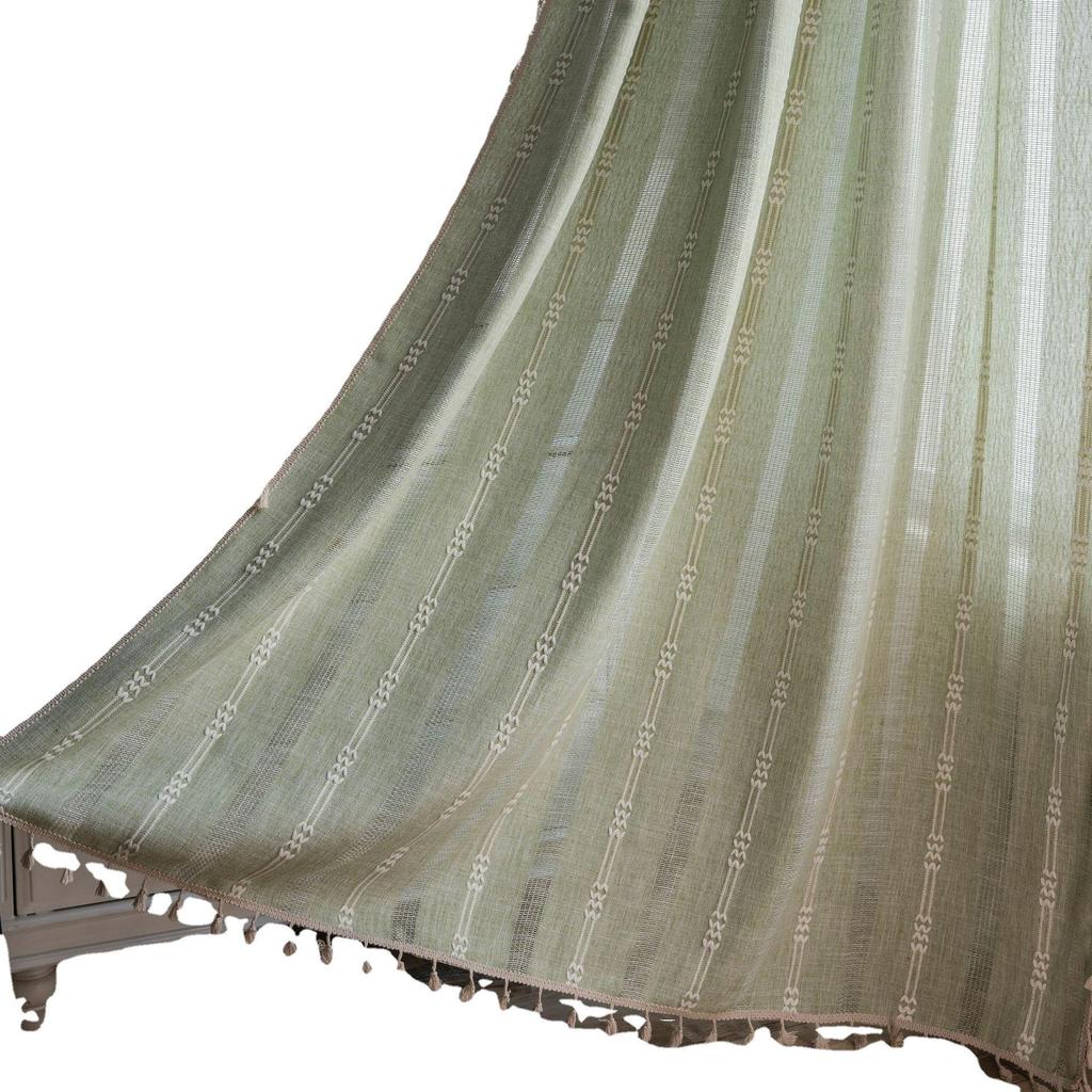 Imaqi Yun Green Striped Embroidered Semi-Blackout Curtains for Kitchen & Living Room