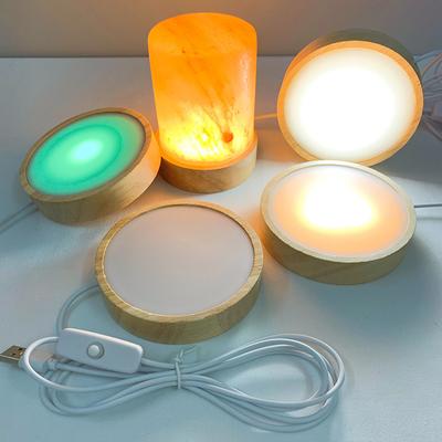 Round Wooden LED Night Light Base Display Stand For Crystals Glass Ball Decor
