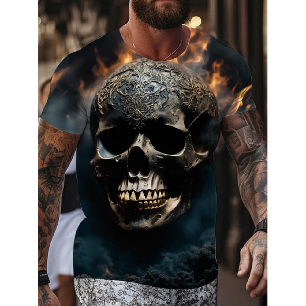 New Men's Fun Skull Pattern T Shirt Suit Mob Skull Print Short Sleeve Summer Casual Loose Round Neck T Shirt Breathable Top