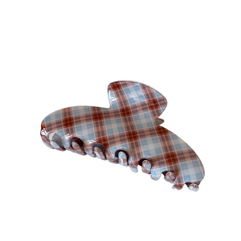 Korean Blue & Coffee Plaid Hair Claw: Versatile Shark Clip for Women