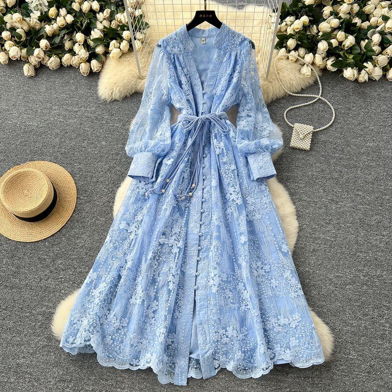 French Style Classy Women's Clothing Dress 2025 Spring Tight Waist Machine Embroidery V-neck Lantern Sleeve Single-Breasted Long Skirt