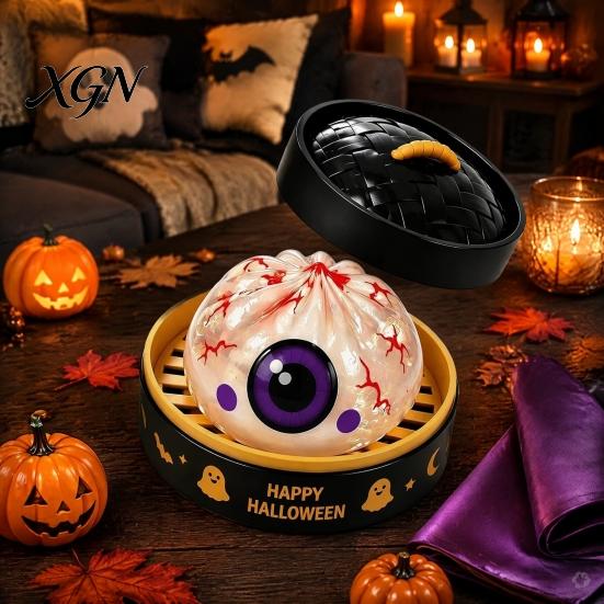 Portable Decompression Tool 1/5/6Pcs Halloween Dumpling Squeezing Toy with Steamer, Pumpkin Ghost Eyeball Skeleton Bun Stress Relief for Kids Adults,