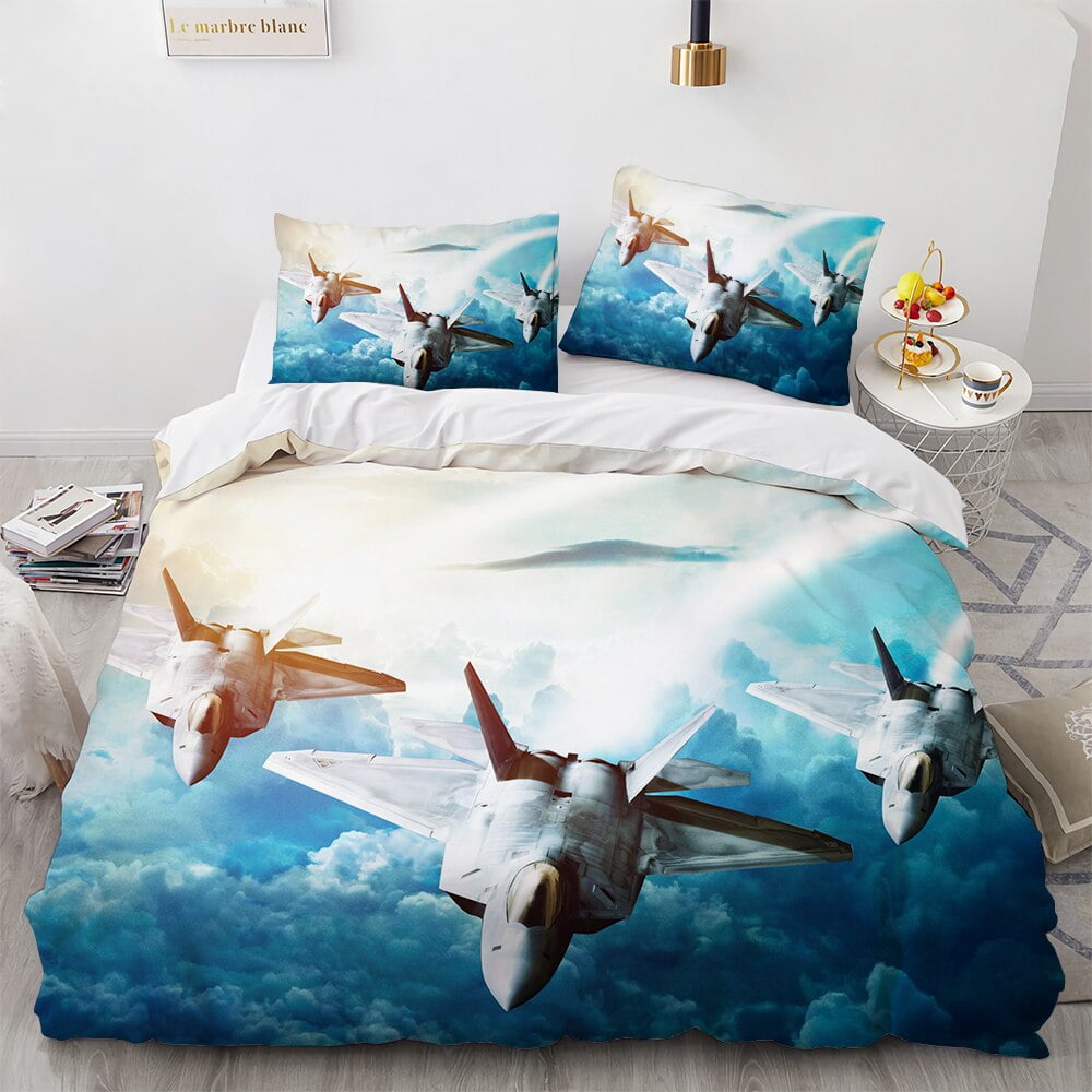Fighter Plane Duvet Cover Military Aircraft Theme For Children Boys Men Gifts Sunset Airplane Airstrip Bedroom Decoration Warm